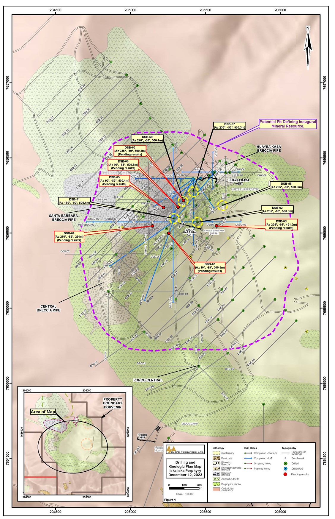 Location Map of Definition Diamond Drill Holes, Santa Barbara zone, Iska Iska. The yellow circles highlight the location of holes DSB-80, DSB-84, DSB-85, DSB-86 and DSB-87 referred to in this release.