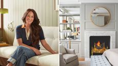 Joanna Gaines / gray living room with fireplace