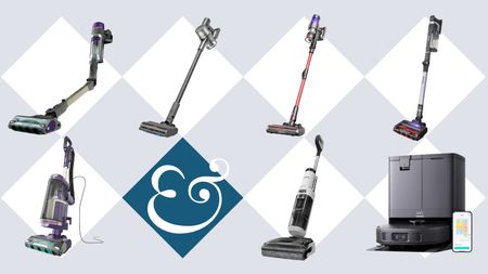 Shark, Dreame, Ultenic, Tinceo, and eufy vacuums on tile background with Homes & Gardens '&' logo.