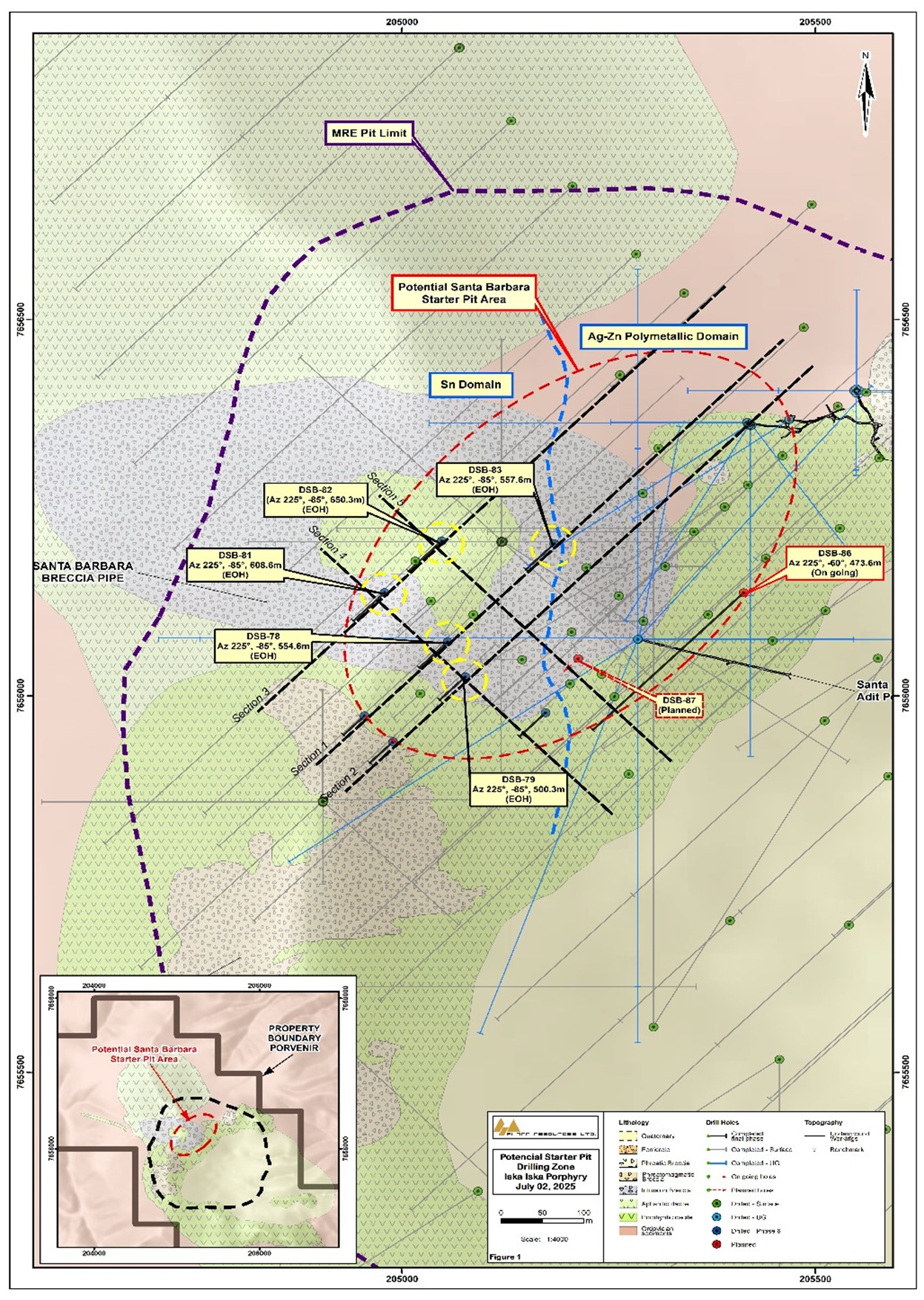 Location Map of Definition Diamond Drill Holes, Santa Barbara zone, Iska Iska. The yellow circles highlight the location of holes DSB-78, DSB-79, DSB-81, DSB-82 and DSB-83 referred to in this release.