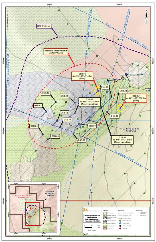 Location Map of Definition Diamond Drill Holes, Santa Barbara zone, Iska Iska. The yellow circles highlight the location of holes DSB-91 and DSB-92 referred to in this release.