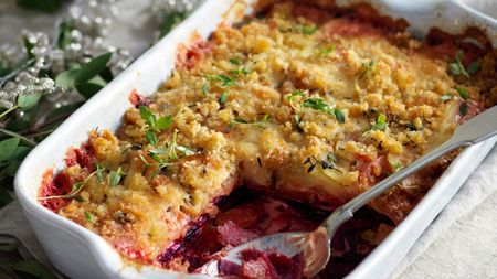 Beet, potato and taleggio gratin