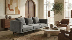 a living room with a gray couch, a jute rug, a round coffee table, large windowed doors, and a large abstract artwork on the wall