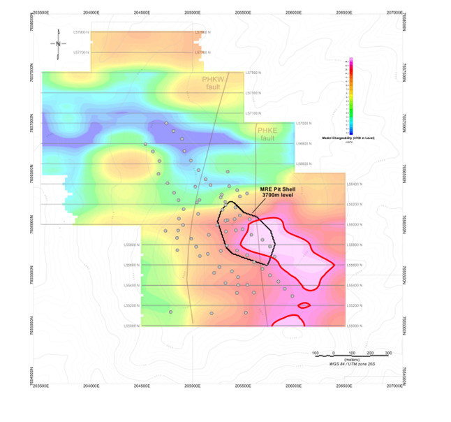 Plan map of Chargeability Model at 3700m elevation showing the extent of the chargeability anomaly southeast of the open pit defining the MRE. Pierce points of drill holes on the 3700 m elevation clearly show that this major anomaly is essentially untested by drilling.